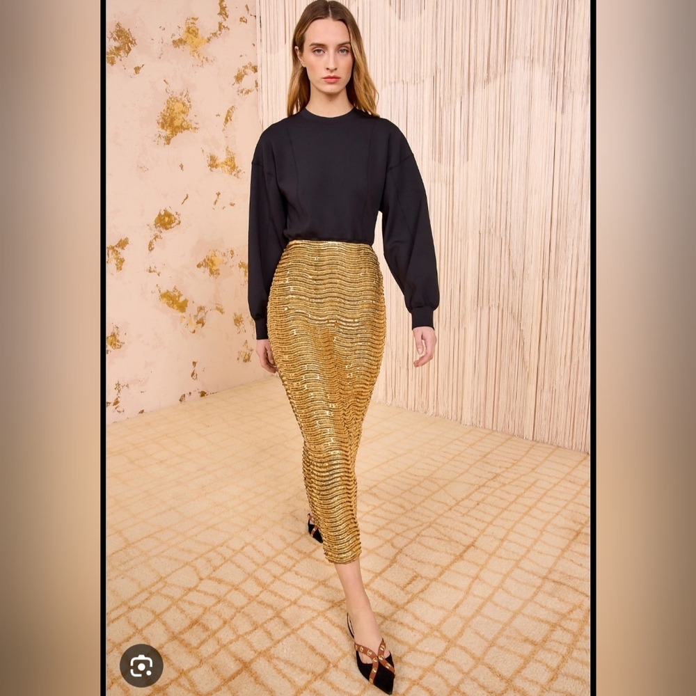 GOOD TIME USA WOMEN'S ORO GOLS METALLIC TEXTURED SWEATER SKIRT STAR LARGE NWT
